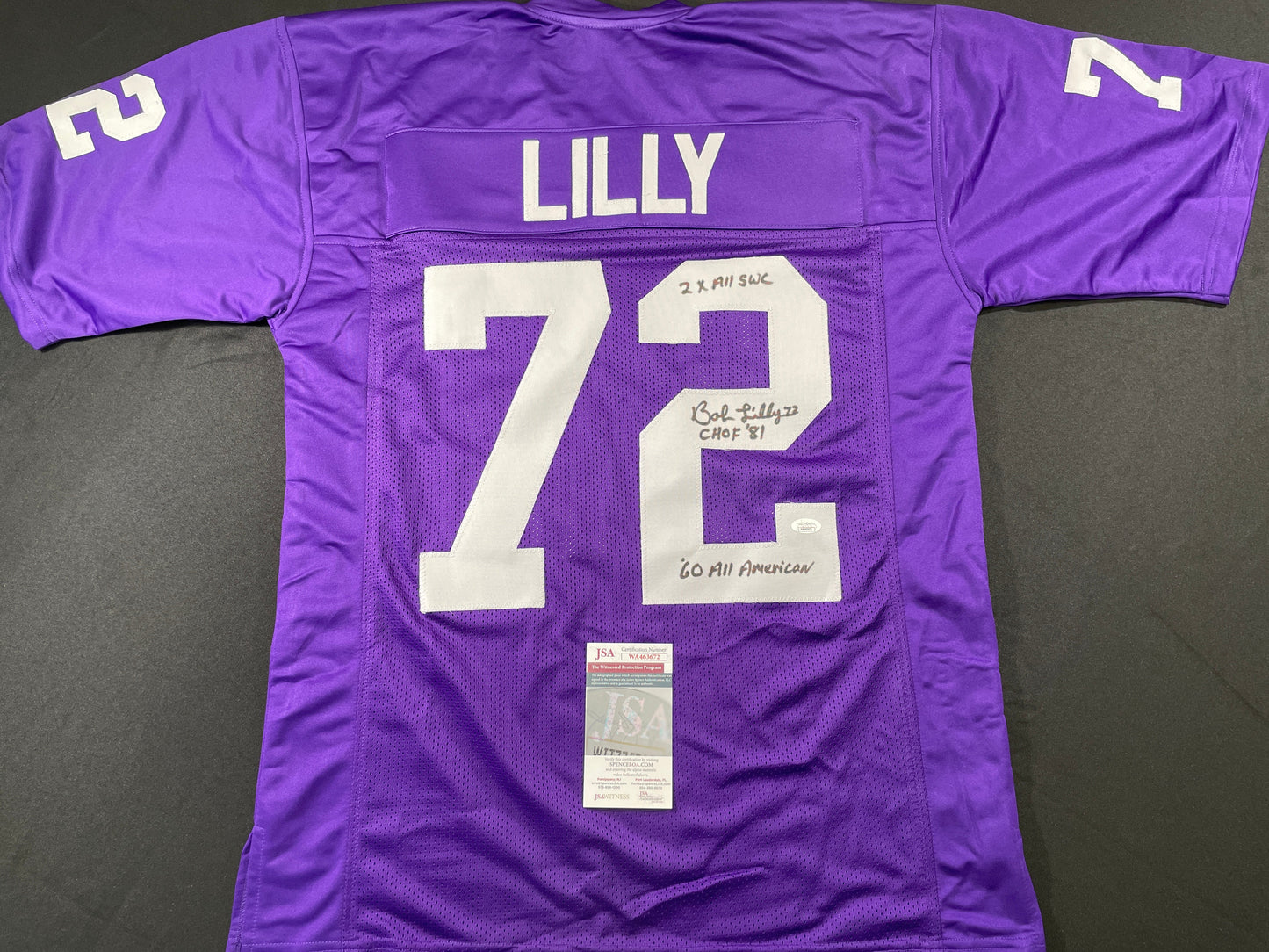 BOB LILLY TCU HORNED FROGS SIGNED JERSEY w/3INSC Dallas Cowboys JSA