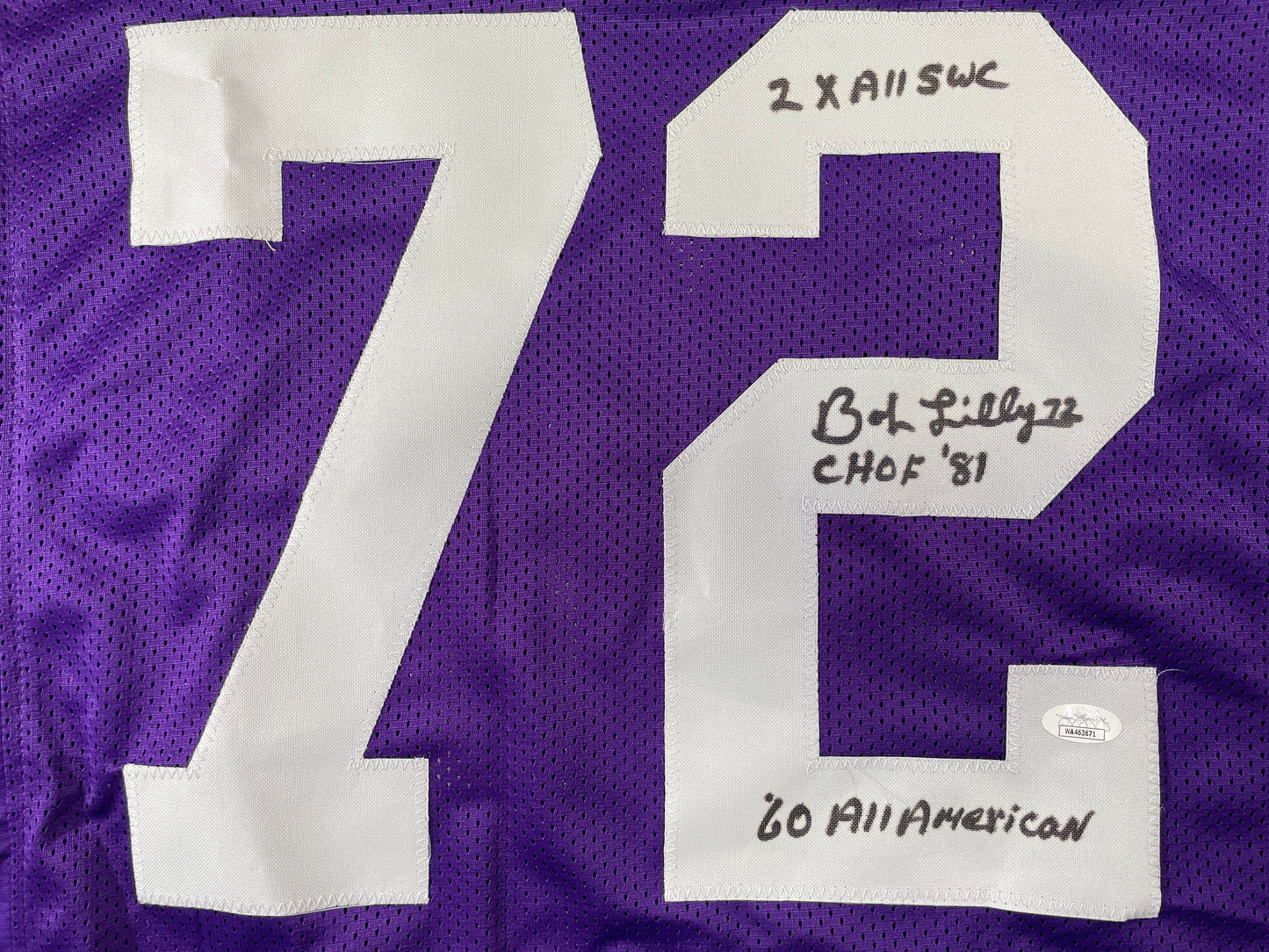 BOB LILLY TCU HORNED FROGS SIGNED JERSEY w/3INSC Dallas Cowboys JSA