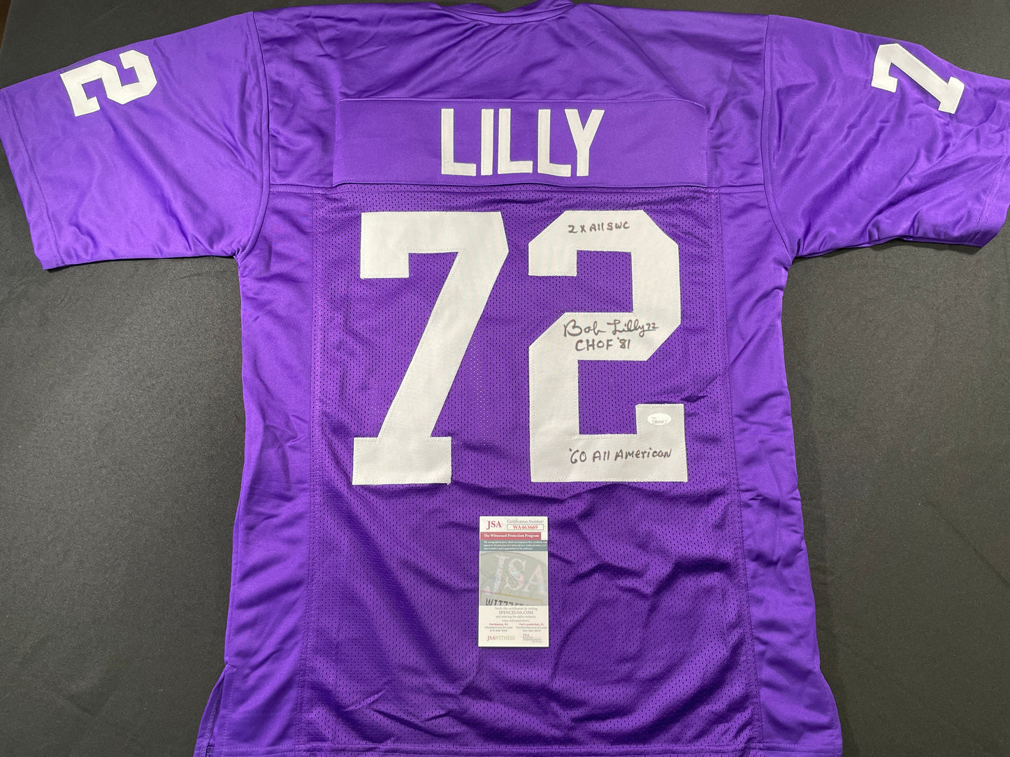 BOB LILLY TCU HORNED FROGS SIGNED JERSEY w/3INSC Dallas Cowboys JSA