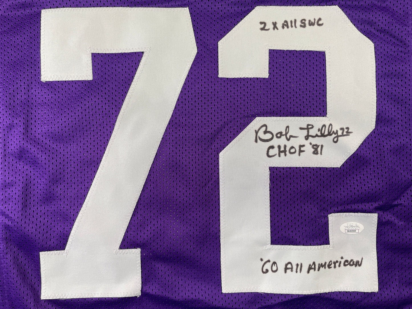 BOB LILLY TCU HORNED FROGS SIGNED JERSEY w/3INSC Dallas Cowboys JSA