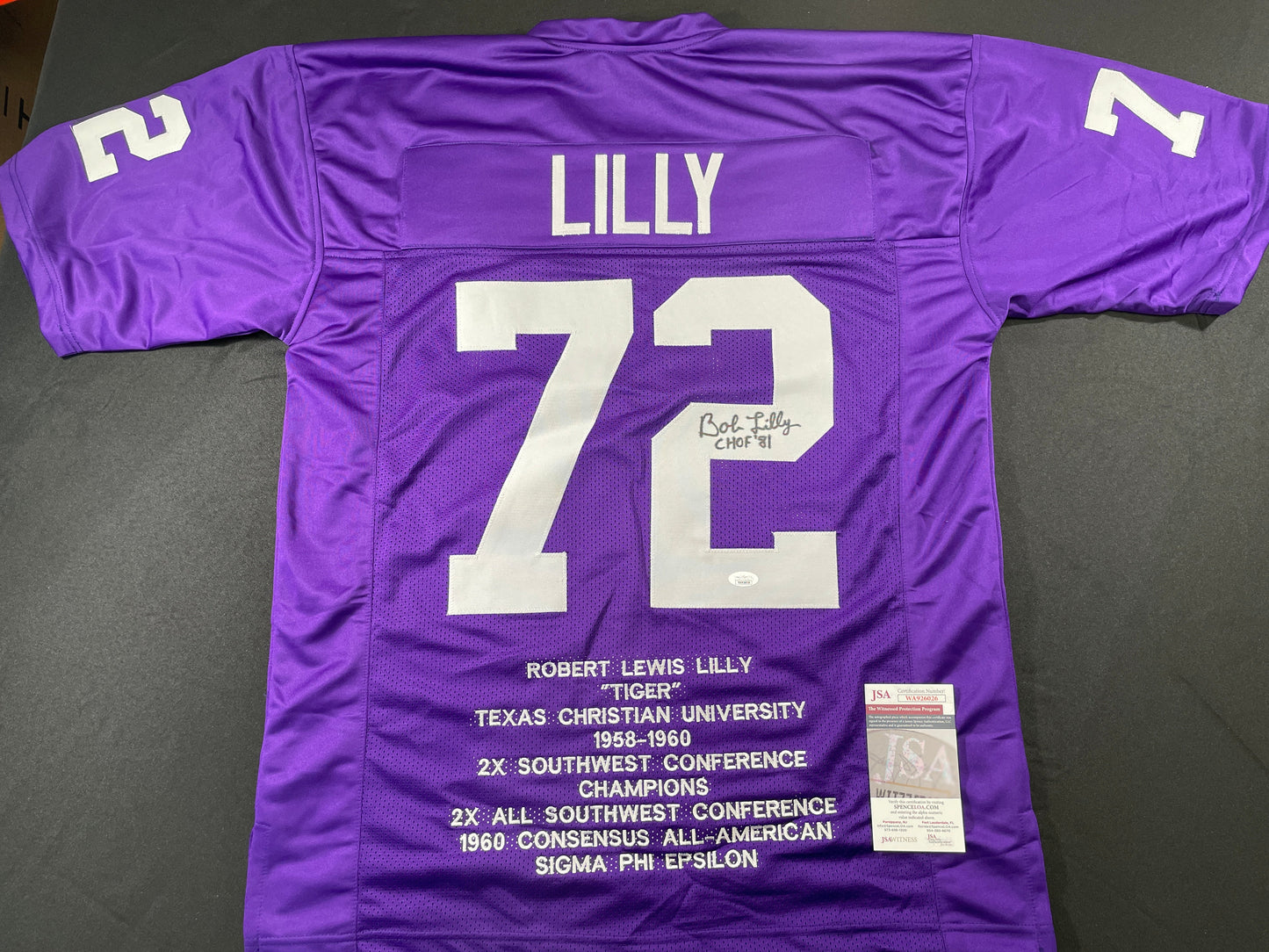 BOB LILLY TCU HORNED FROGS SIGNED STAT JERSEY w/CHOF 81 Dallas Cowboys JSA