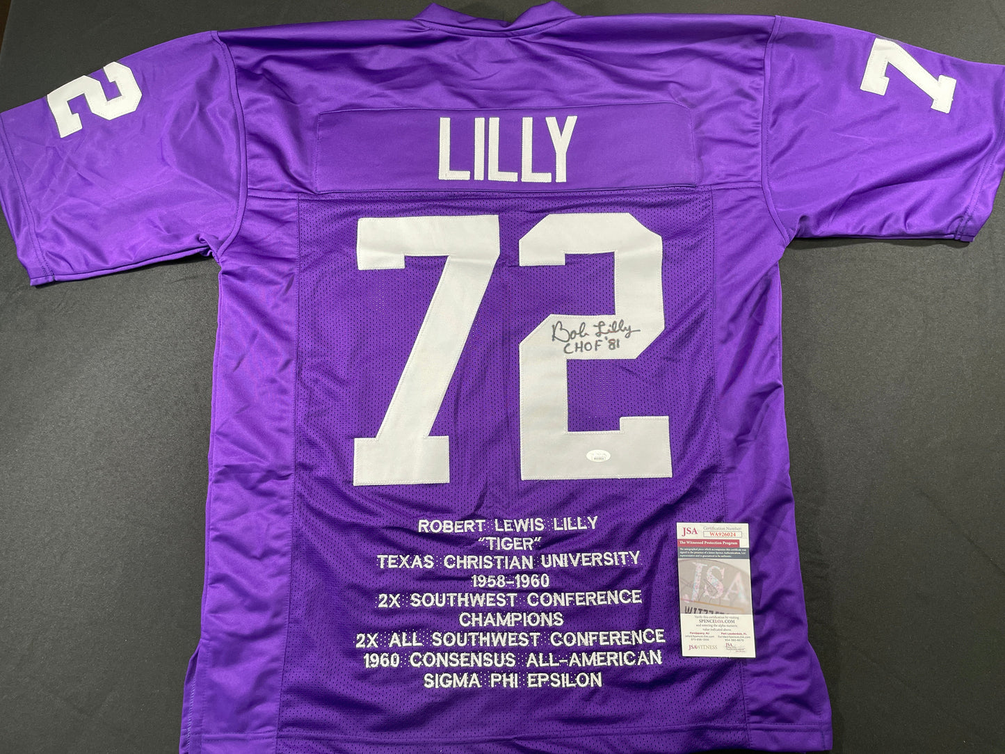BOB LILLY TCU HORNED FROGS SIGNED STAT JERSEY w/CHOF 81 Dallas Cowboys JSA