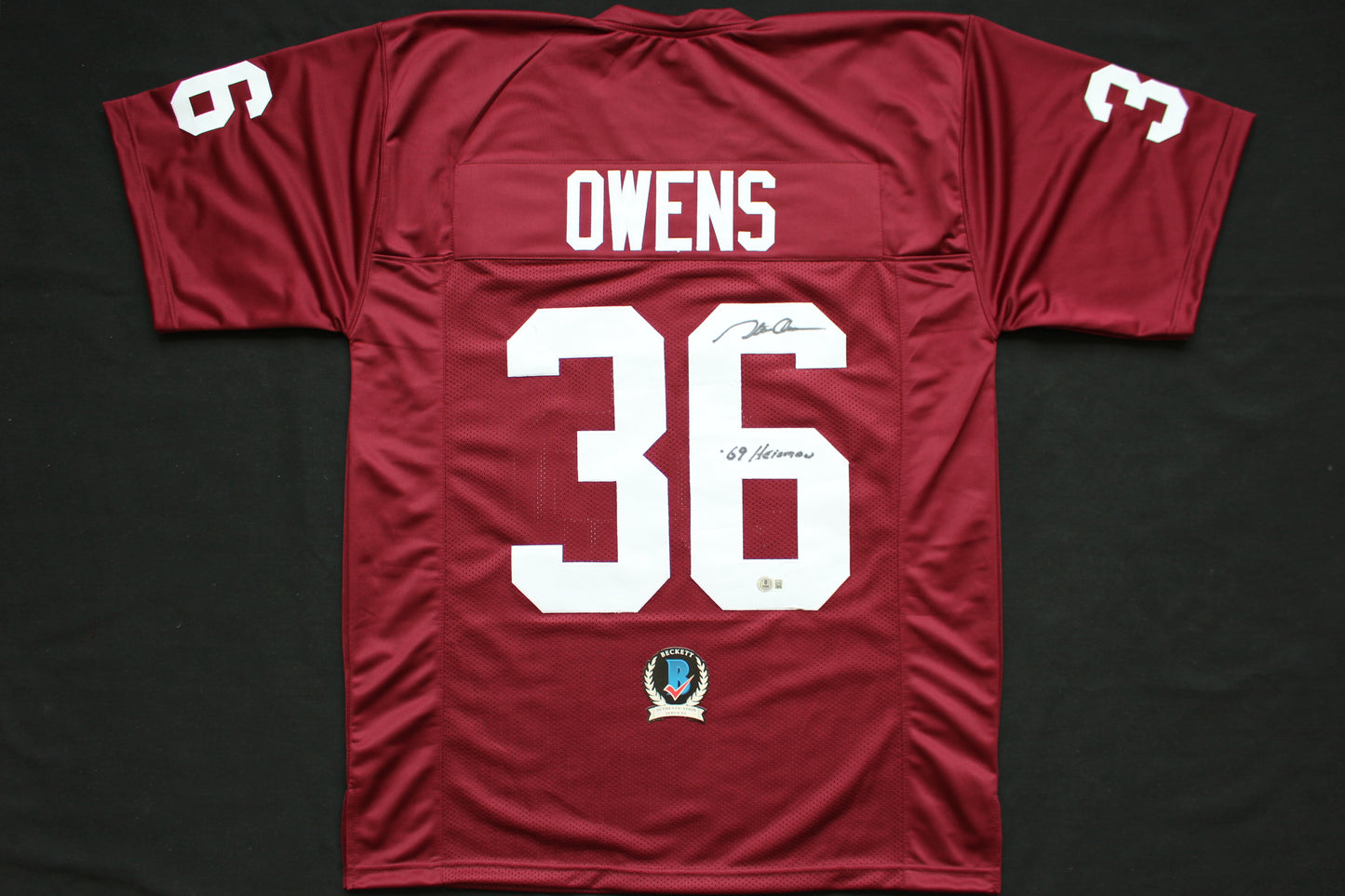 STEVE OWENS OKLAHOMA OU SOONERS SIGNED JERSEY w/69 HEISMAN BAS COA