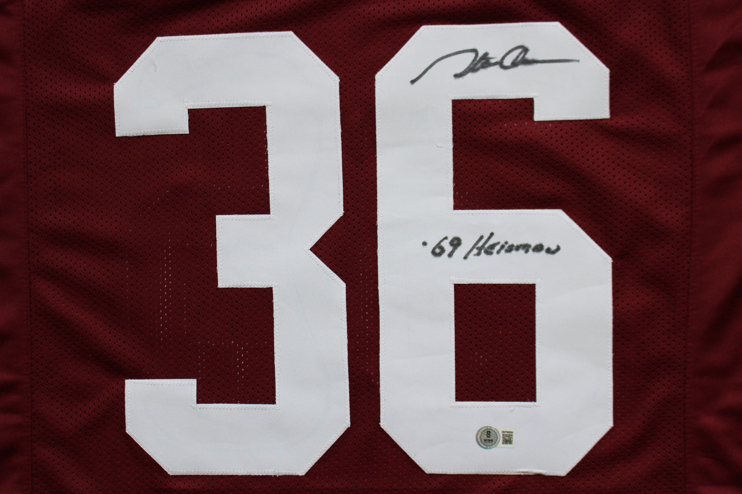 STEVE OWENS OKLAHOMA OU SOONERS SIGNED JERSEY w/69 HEISMAN BAS COA