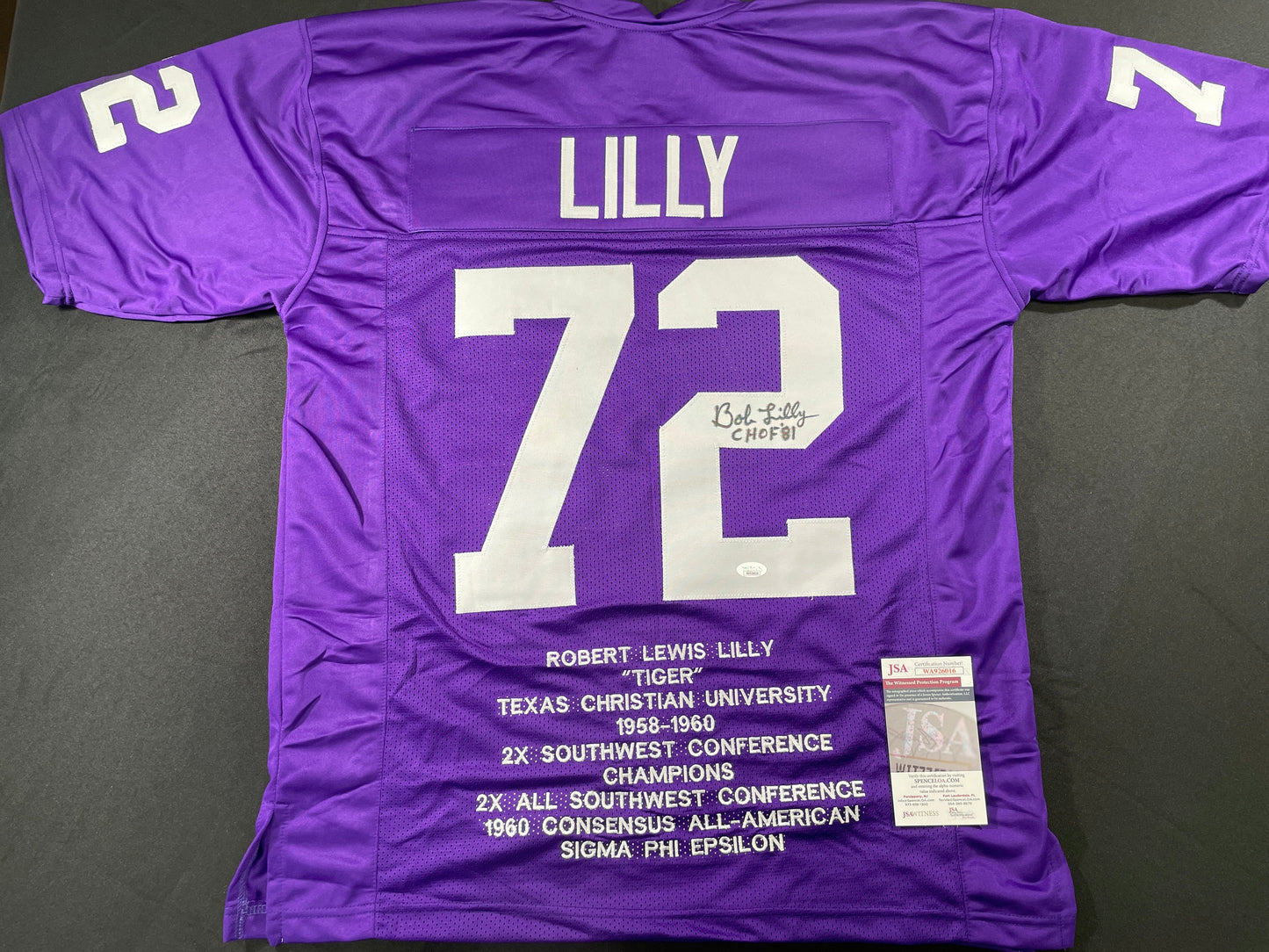 BOB LILLY TCU HORNED FROGS SIGNED STAT JERSEY w/CHOF 81 Dallas Cowboys JSA