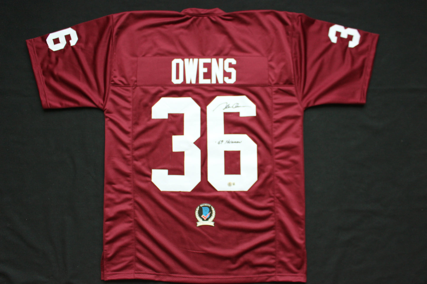 STEVE OWENS OKLAHOMA OU SOONERS SIGNED JERSEY w/69 HEISMAN BAS COA