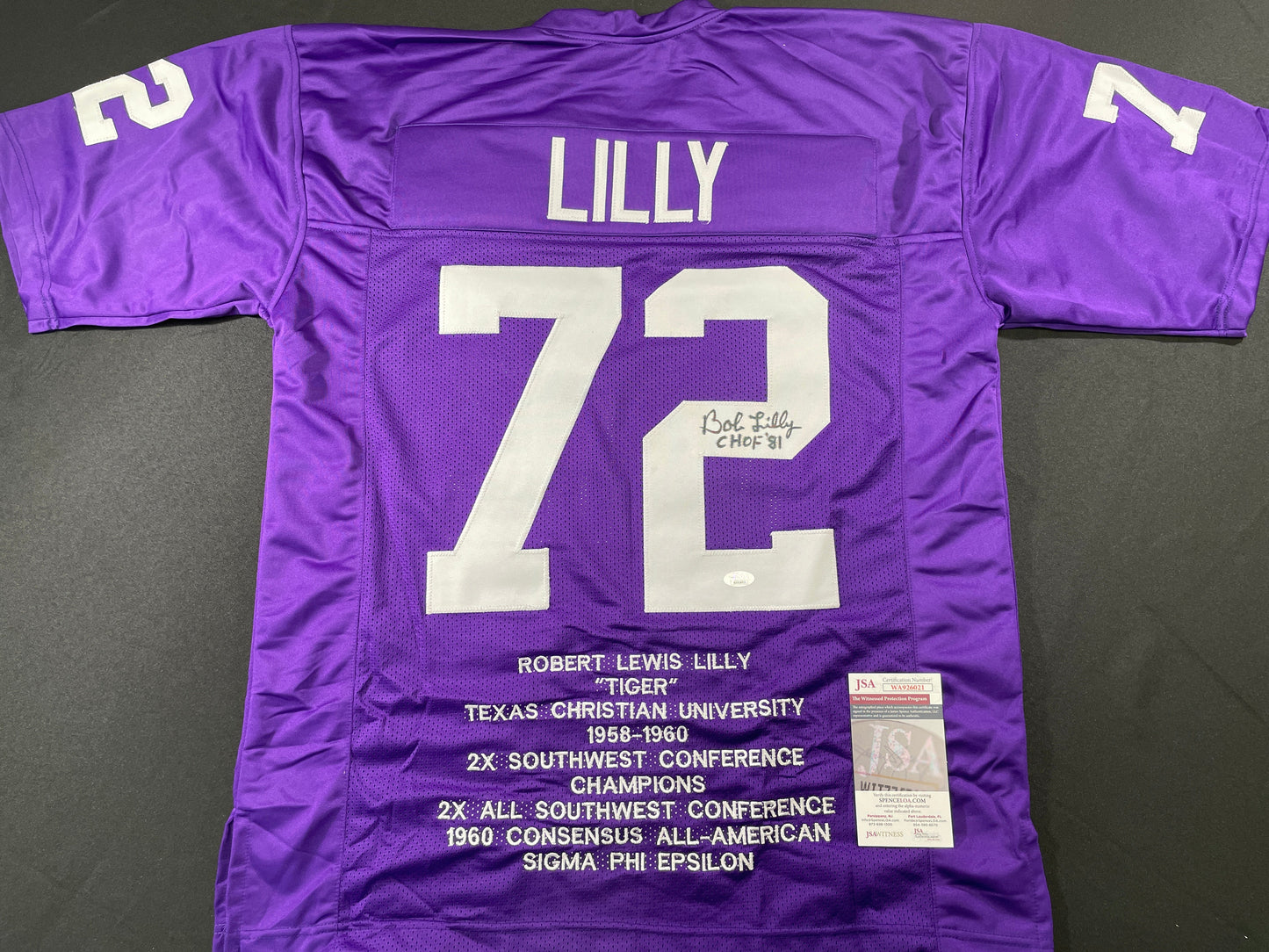 BOB LILLY TCU HORNED FROGS SIGNED STAT JERSEY w/CHOF 81 Dallas Cowboys JSA
