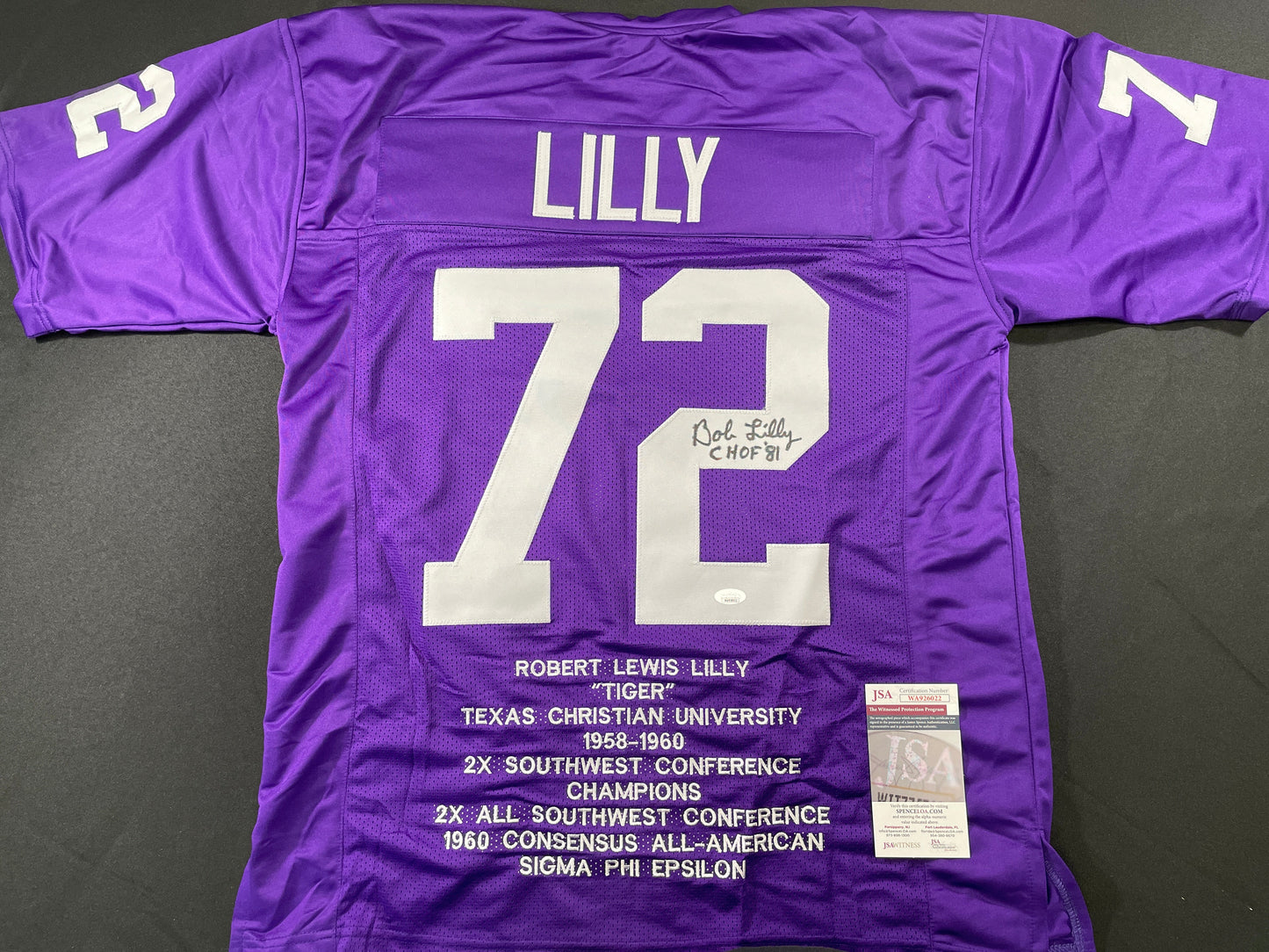 BOB LILLY TCU HORNED FROGS SIGNED STAT JERSEY w/CHOF 81 Dallas Cowboys JSA