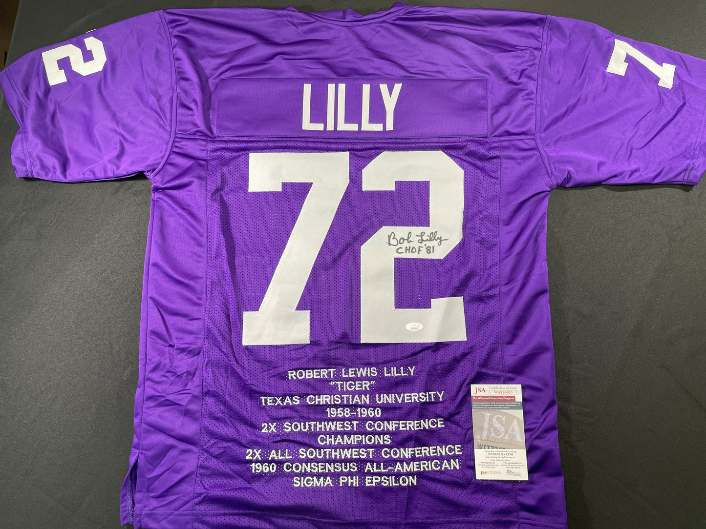 BOB LILLY TCU HORNED FROGS SIGNED STAT JERSEY w/CHOF 81 Dallas Cowboys JSA