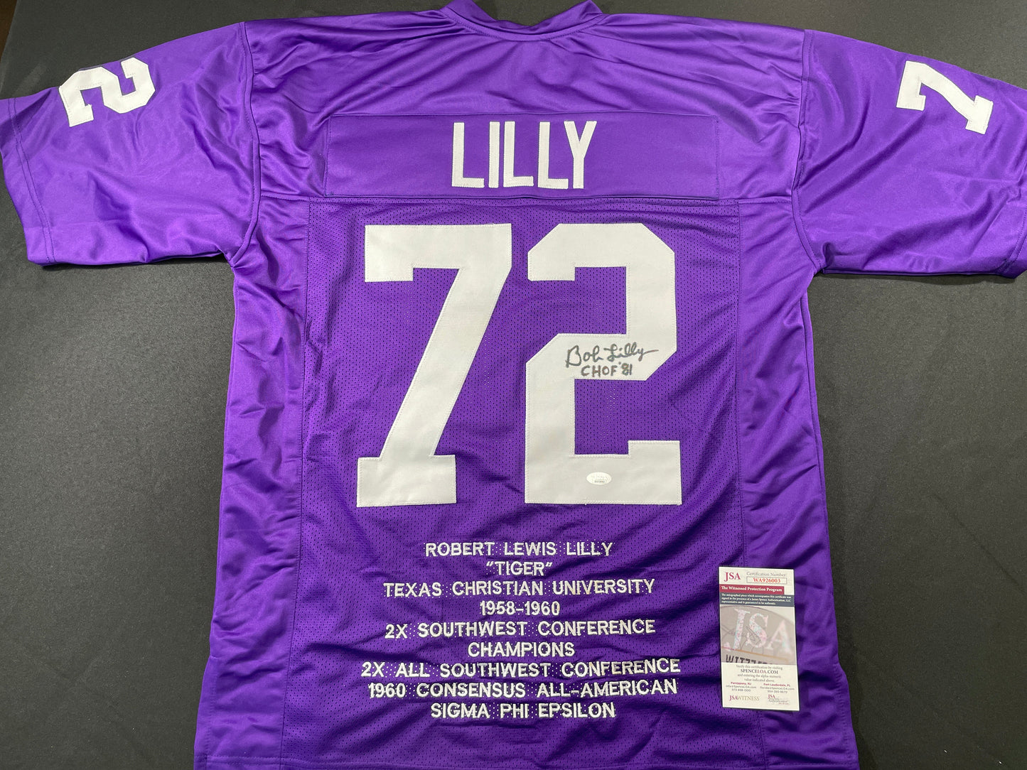 BOB LILLY TCU HORNED FROGS SIGNED STAT JERSEY w/CHOF 81 Dallas Cowboys JSA