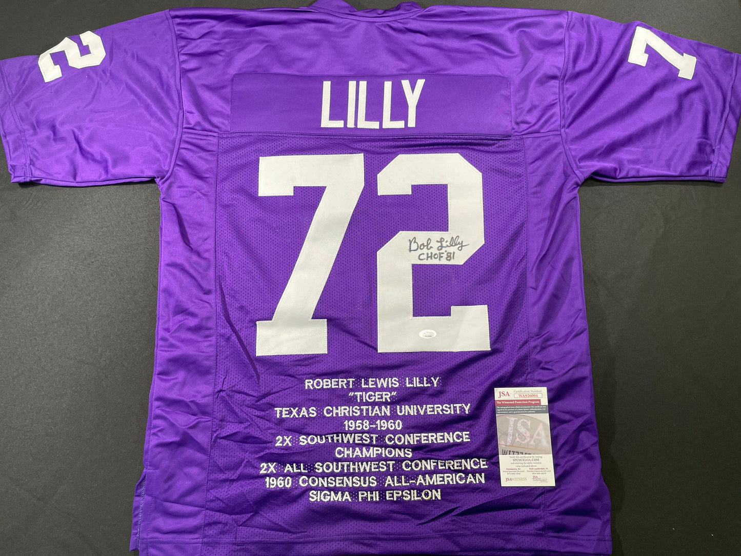 BOB LILLY TCU HORNED FROGS SIGNED STAT JERSEY w/CHOF 81 Dallas Cowboys JSA