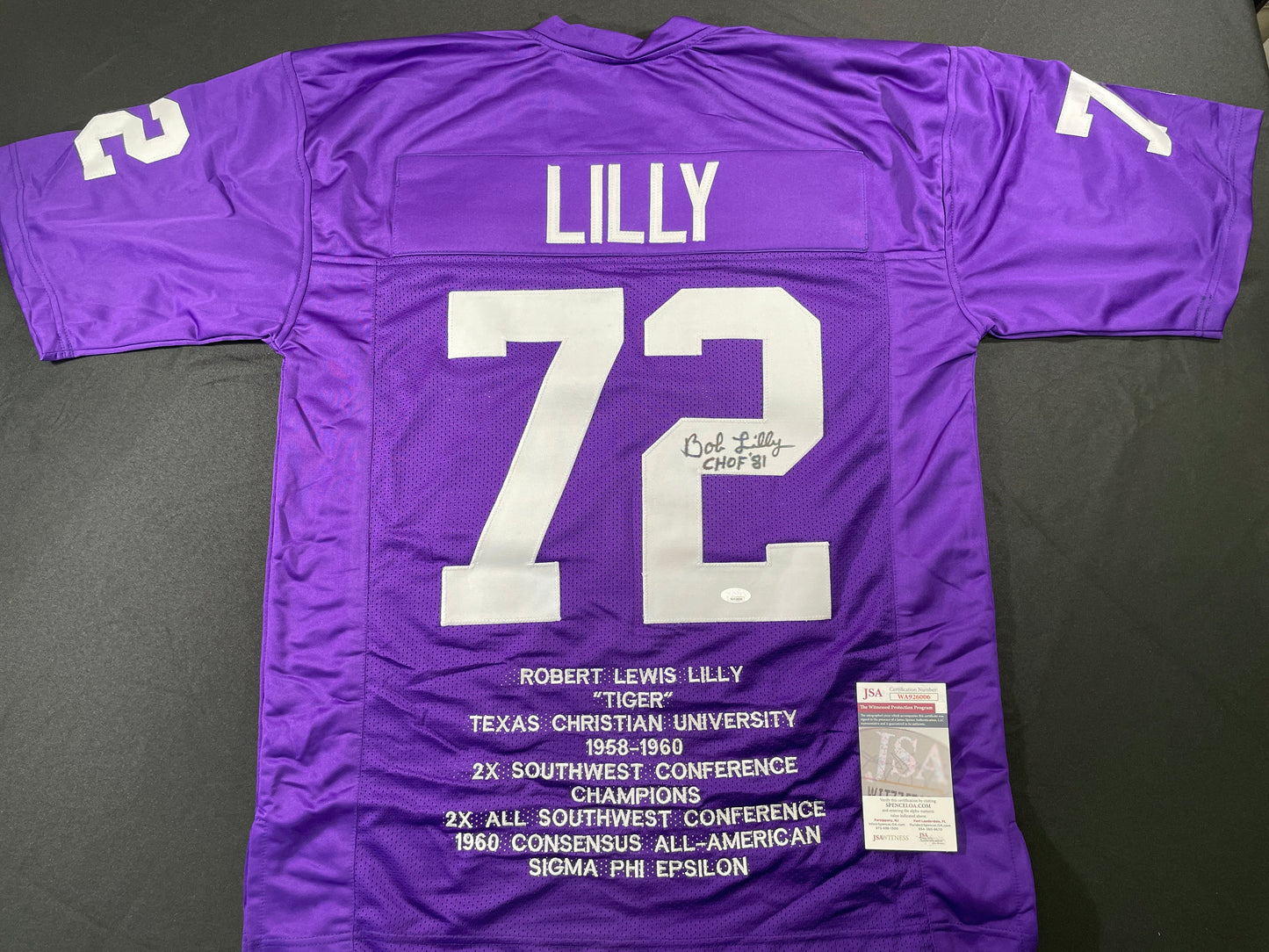 BOB LILLY TCU HORNED FROGS SIGNED STAT JERSEY w/CHOF 81 Dallas Cowboys JSA