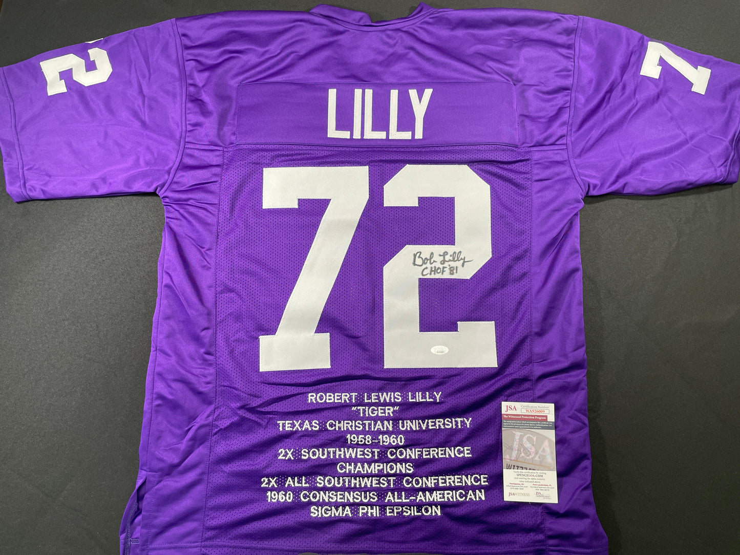 BOB LILLY TCU HORNED FROGS SIGNED STAT JERSEY w/CHOF 81 Dallas Cowboys JSA