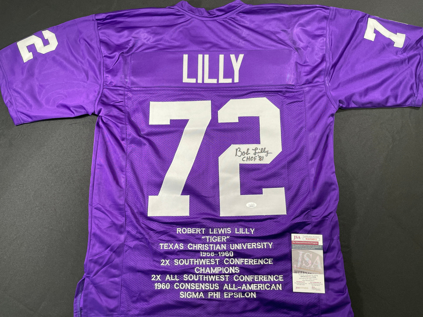 BOB LILLY TCU HORNED FROGS SIGNED STAT JERSEY w/CHOF 81 Dallas Cowboys JSA
