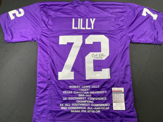 BOB LILLY TCU HORNED FROGS SIGNED STAT JERSEY w/CHOF 81 Dallas Cowboys JSA