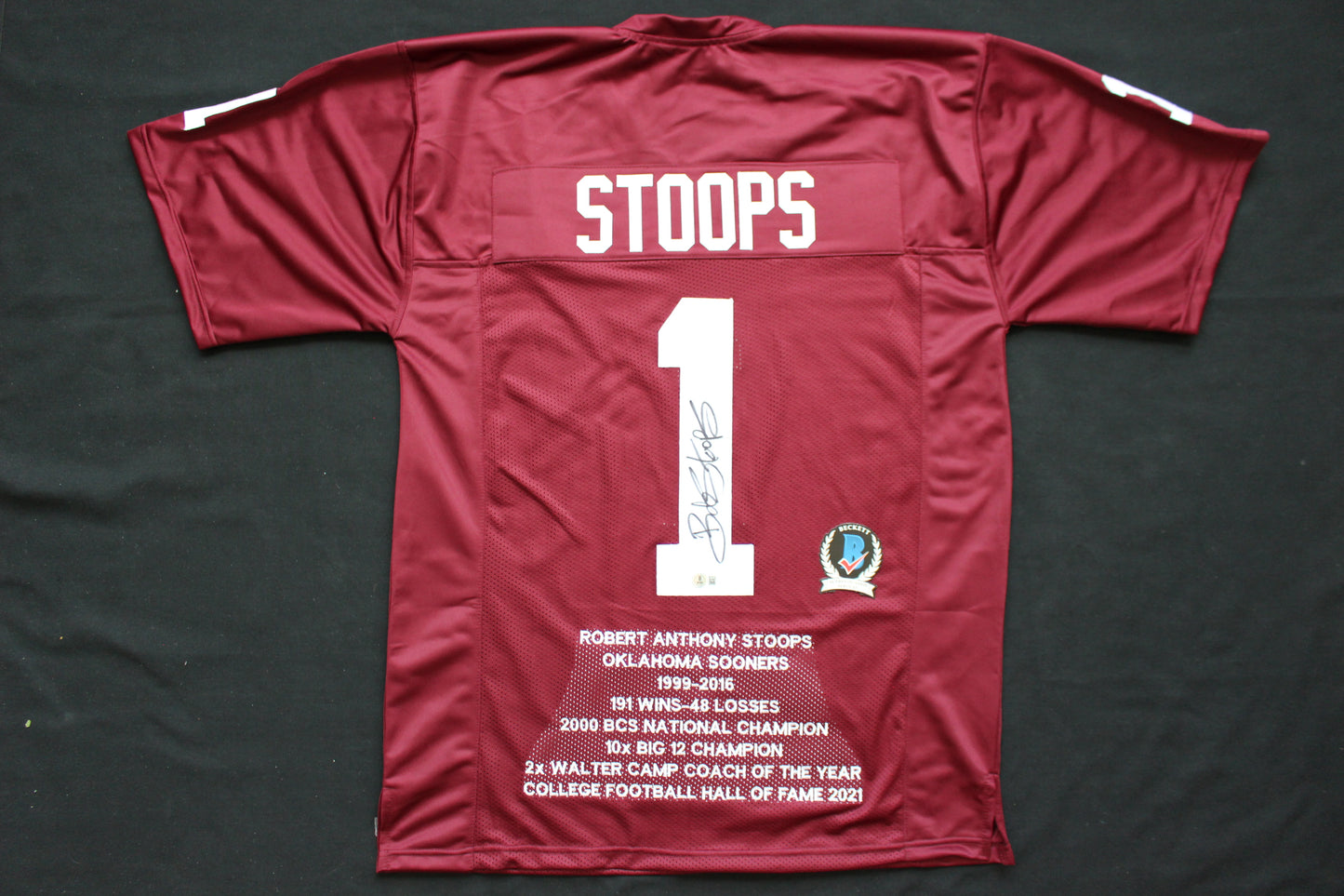 BOB STOOPS OU SOONERS SIGNED STAT FOOTBALL JERSEY Oklahoma BAS COA