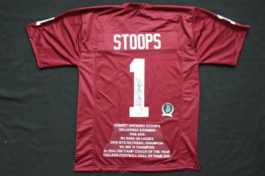 BOB STOOPS OU SOONERS SIGNED STAT FOOTBALL JERSEY Oklahoma BAS COA