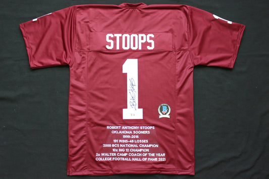 BOB STOOPS OU SOONERS SIGNED STAT FOOTBALL JERSEY Oklahoma BAS COA