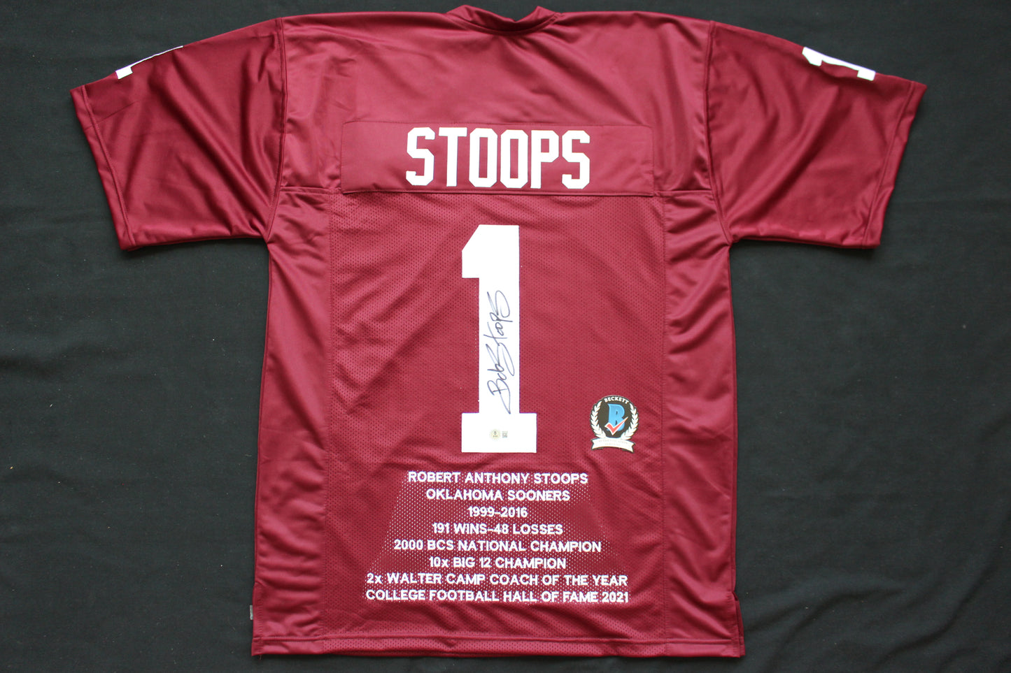 BOB STOOPS OU SOONERS SIGNED STAT FOOTBALL JERSEY Oklahoma BAS COA