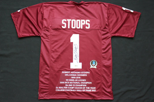 BOB STOOPS OU SOONERS SIGNED STAT FOOTBALL JERSEY Oklahoma BAS COA