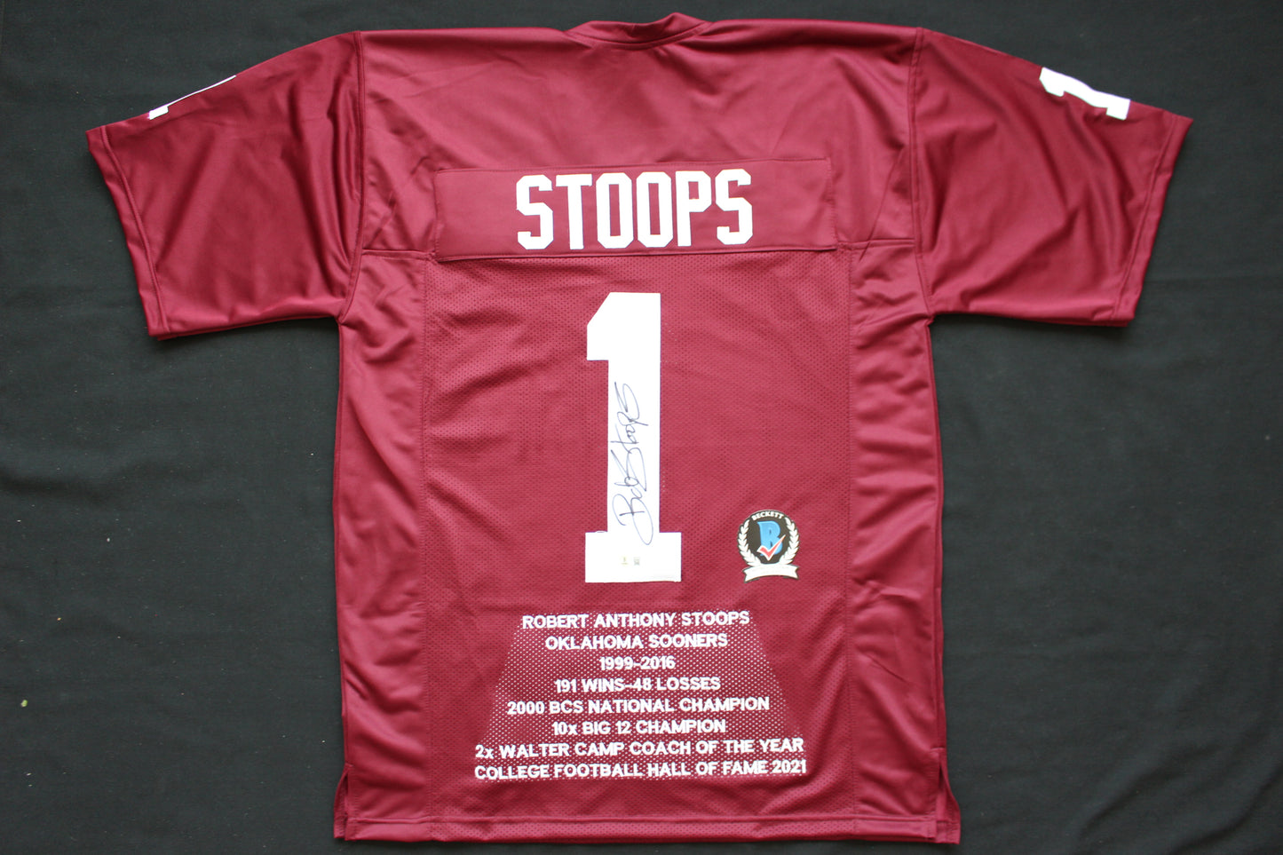 BOB STOOPS OU SOONERS SIGNED STAT FOOTBALL JERSEY Oklahoma BAS COA