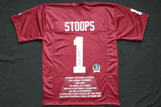 BOB STOOPS OU SOONERS SIGNED STAT FOOTBALL JERSEY Oklahoma BAS COA