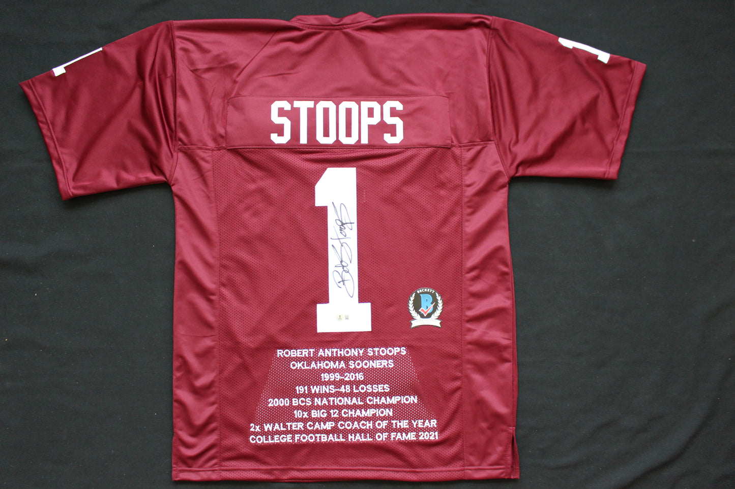 BOB STOOPS OU SOONERS SIGNED STAT FOOTBALL JERSEY Oklahoma BAS COA