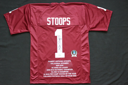 BOB STOOPS OU SOONERS SIGNED STAT FOOTBALL JERSEY Oklahoma BAS COA