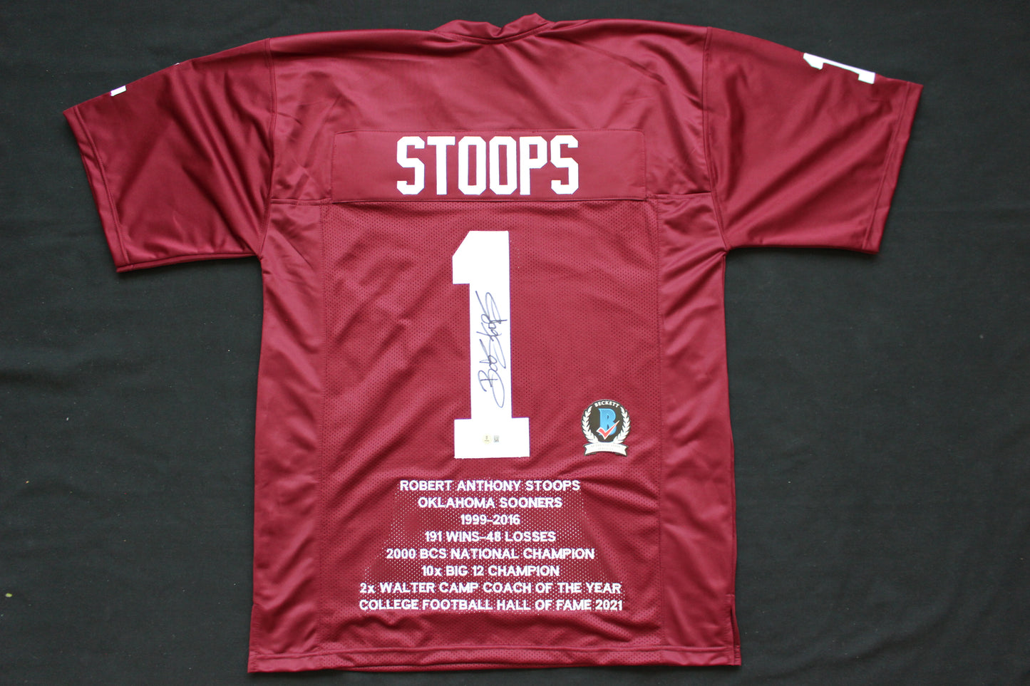 BOB STOOPS OU SOONERS SIGNED STAT FOOTBALL JERSEY Oklahoma BAS COA