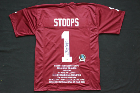 BOB STOOPS OU SOONERS SIGNED STAT FOOTBALL JERSEY Oklahoma BAS COA