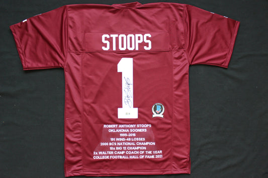 BOB STOOPS OU SOONERS SIGNED STAT FOOTBALL JERSEY Oklahoma BAS COA