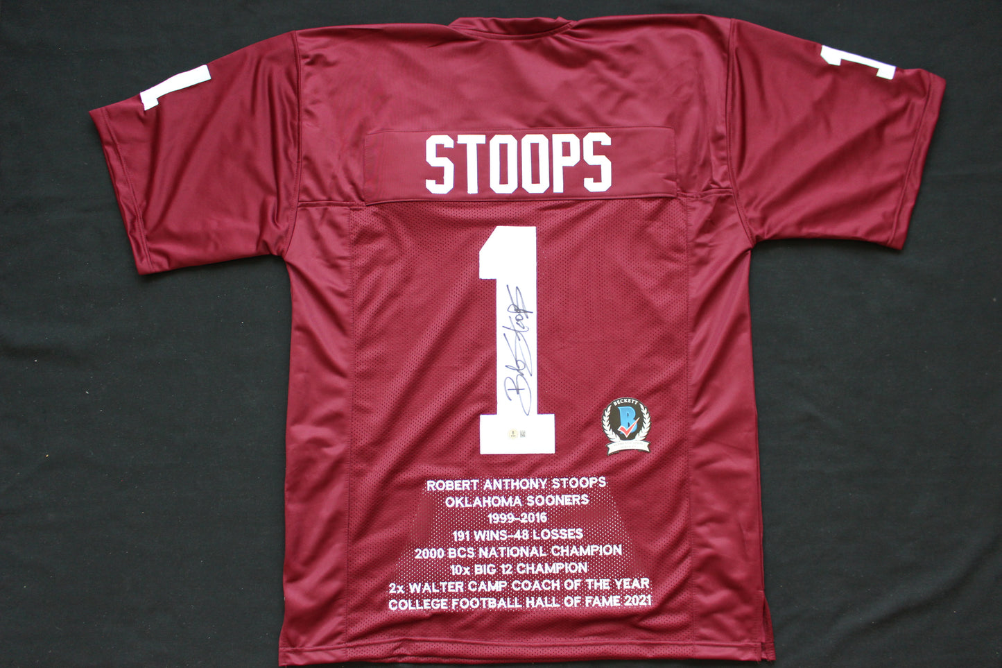 BOB STOOPS OU SOONERS SIGNED STAT FOOTBALL JERSEY Oklahoma BAS COA