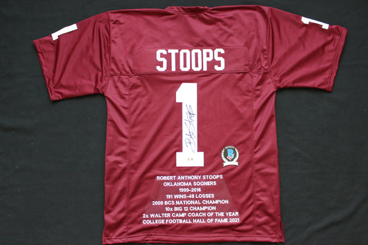 BOB STOOPS OU SOONERS SIGNED STAT FOOTBALL JERSEY Oklahoma BAS COA
