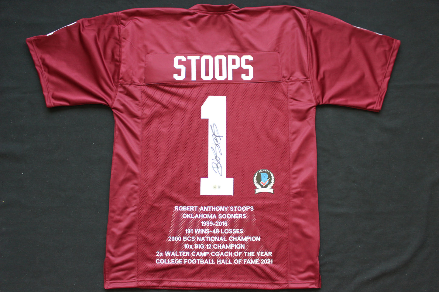 BOB STOOPS OU SOONERS SIGNED STAT FOOTBALL JERSEY Oklahoma BAS COA
