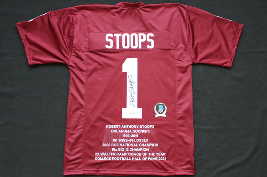 BOB STOOPS OU SOONERS SIGNED STAT FOOTBALL JERSEY Oklahoma BAS COA