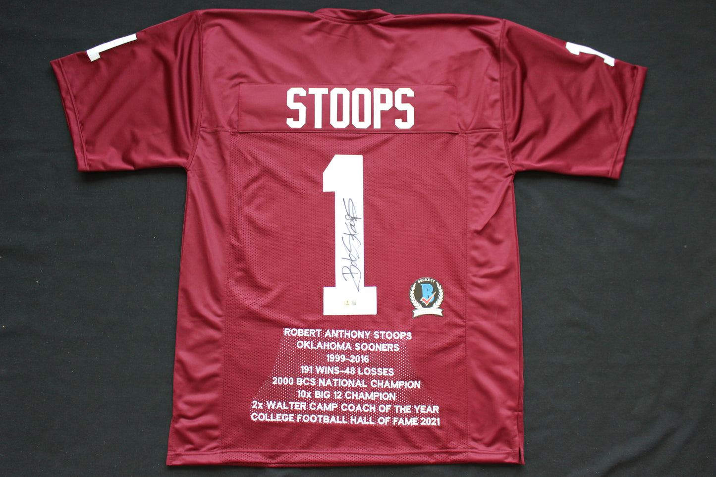 BOB STOOPS OU SOONERS SIGNED STAT FOOTBALL JERSEY Oklahoma BAS COA