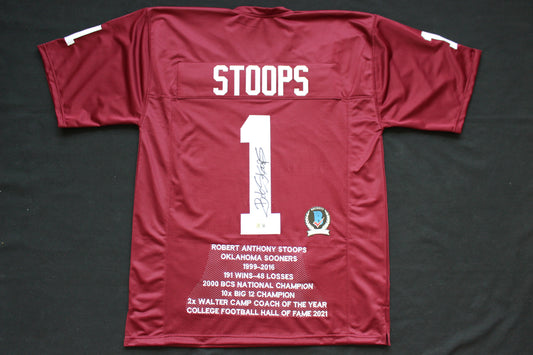 BOB STOOPS OU SOONERS SIGNED STAT FOOTBALL JERSEY Oklahoma BAS COA