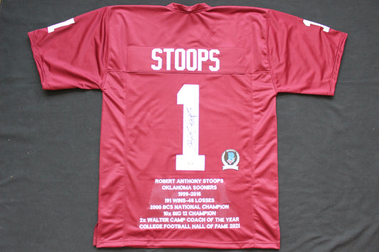 BOB STOOPS OU SOONERS SIGNED STAT FOOTBALL JERSEY Oklahoma BAS COA