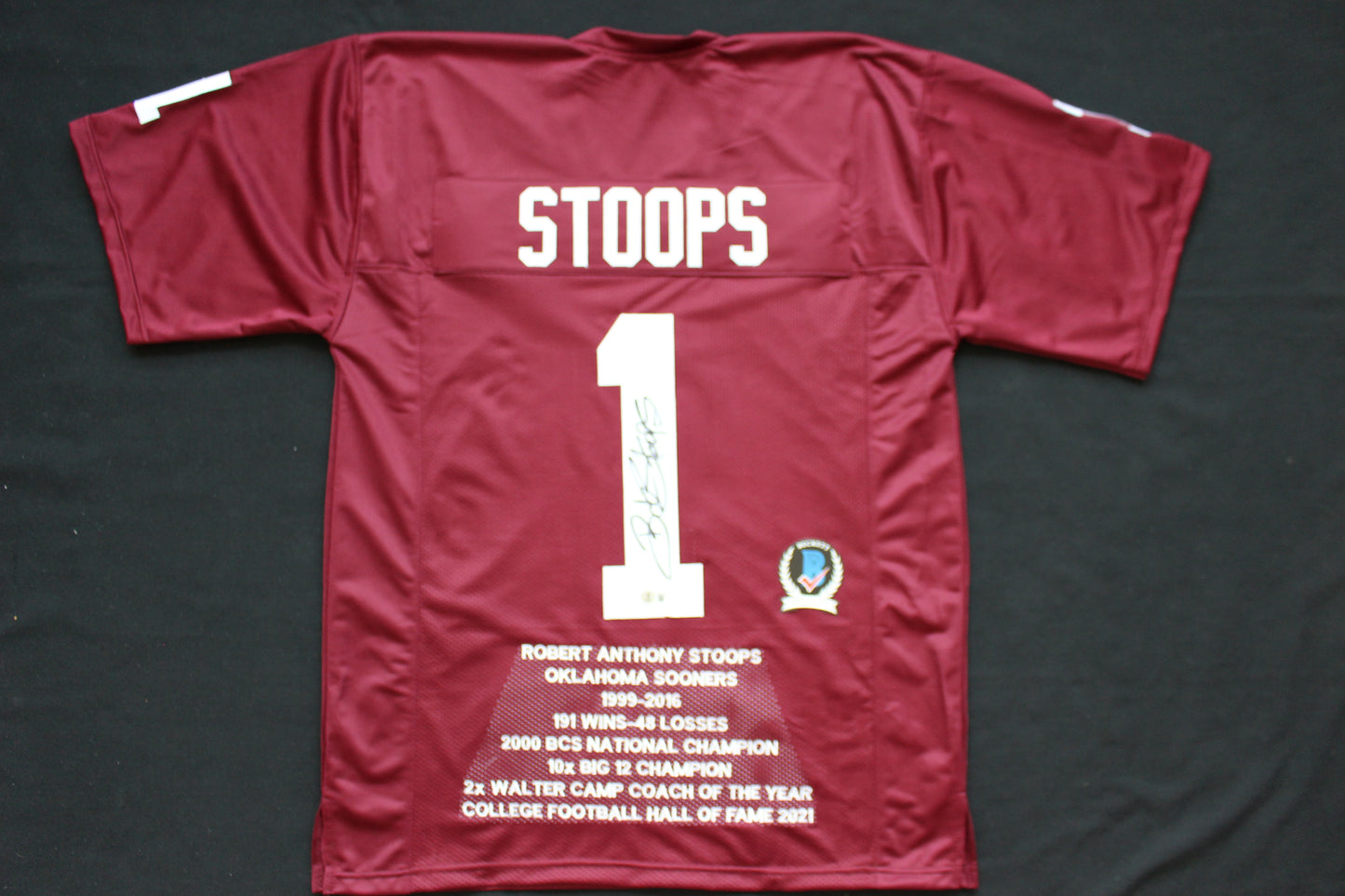 BOB STOOPS OU SOONERS SIGNED STAT FOOTBALL JERSEY Oklahoma BAS COA