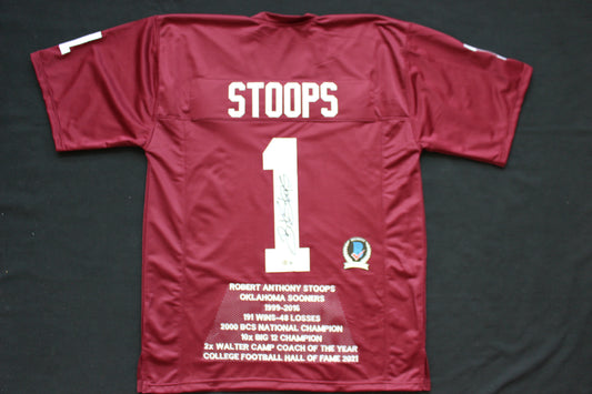 BOB STOOPS OU SOONERS SIGNED STAT FOOTBALL JERSEY Oklahoma BAS COA