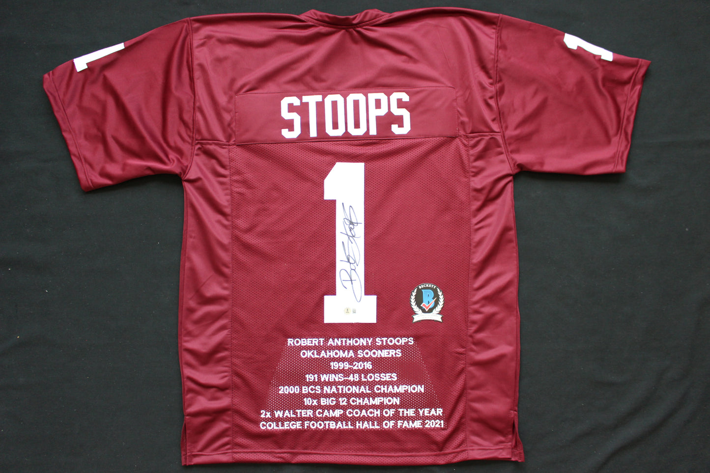 BOB STOOPS OU SOONERS SIGNED STAT FOOTBALL JERSEY Oklahoma BAS COA