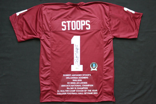 BOB STOOPS OU SOONERS SIGNED STAT FOOTBALL JERSEY Oklahoma BAS COA