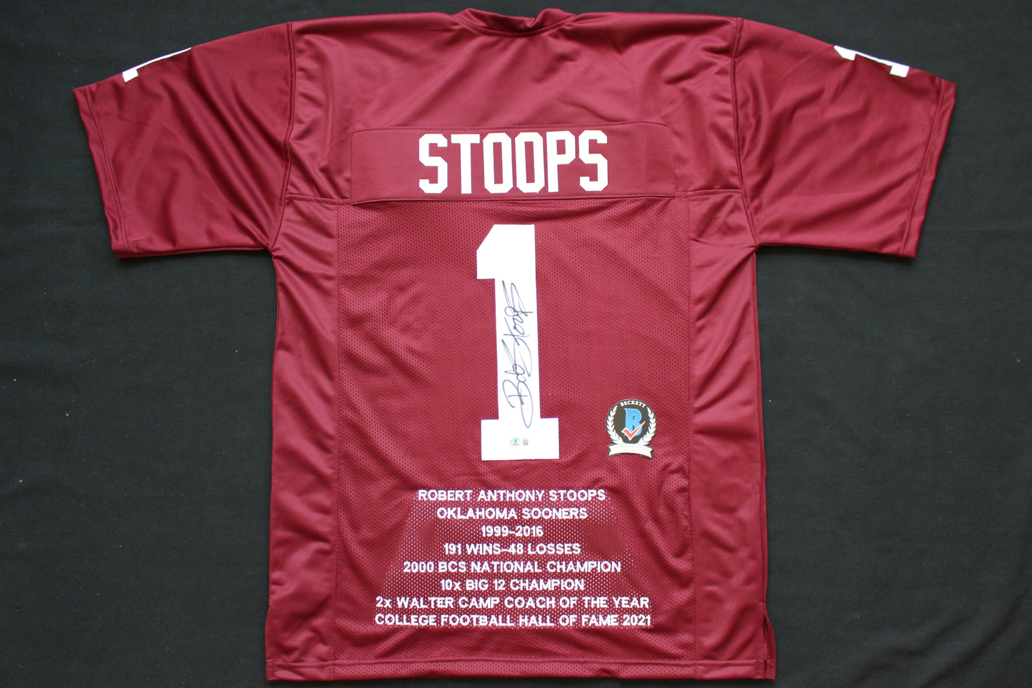 BOB STOOPS OU SOONERS SIGNED STAT FOOTBALL JERSEY Oklahoma BAS COA