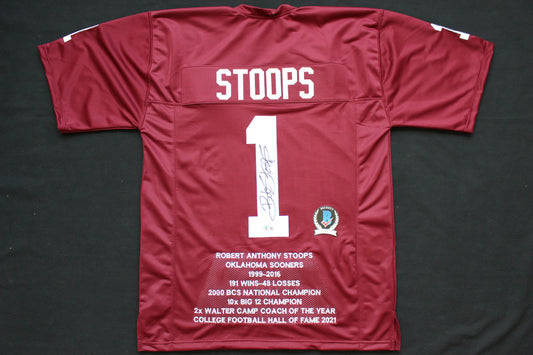 BOB STOOPS OU SOONERS SIGNED STAT FOOTBALL JERSEY Oklahoma BAS COA