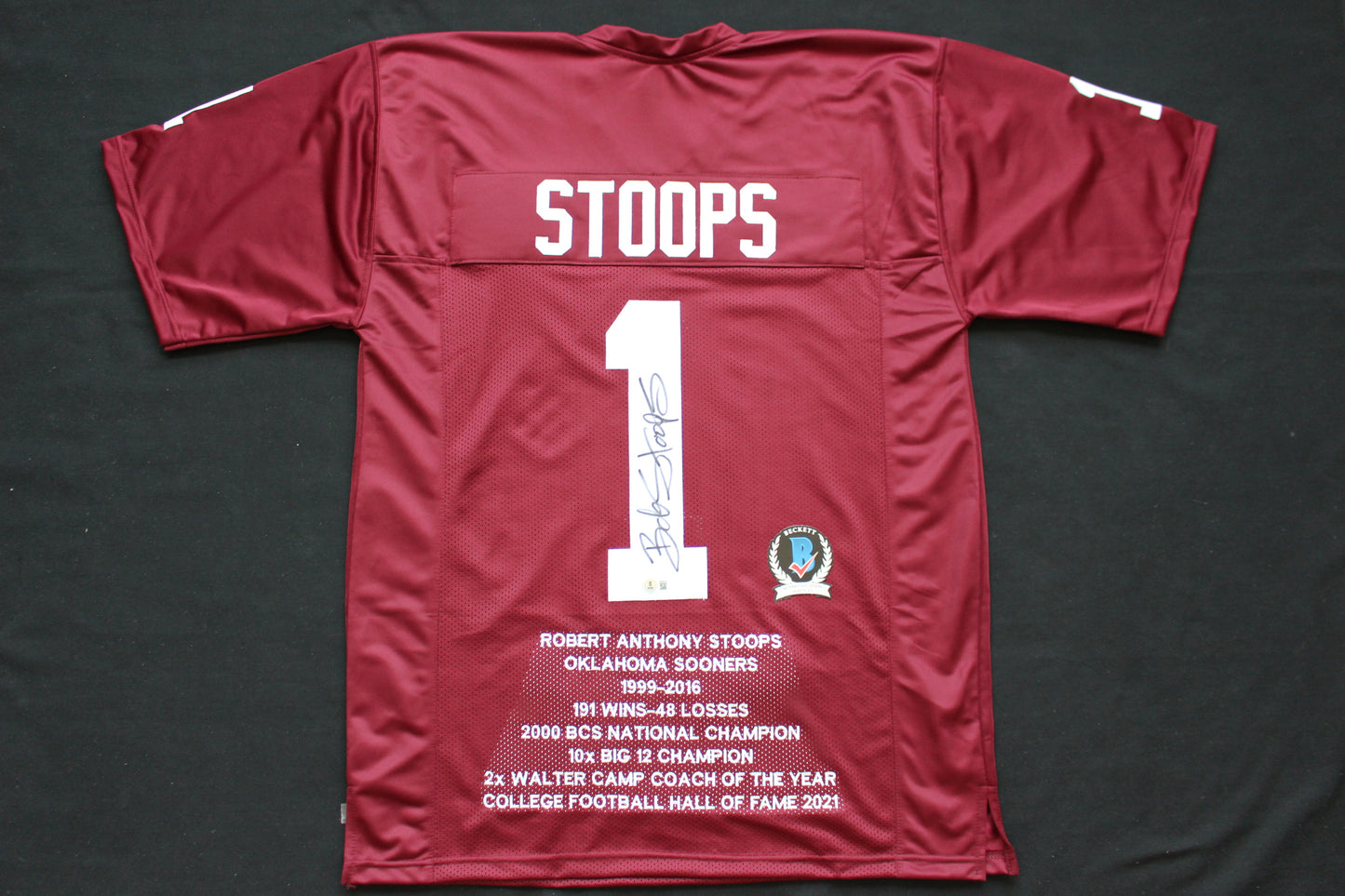 BOB STOOPS OKLAHOMA OU SOONERS SIGNED STATS JERSEY Iowa BAS COA