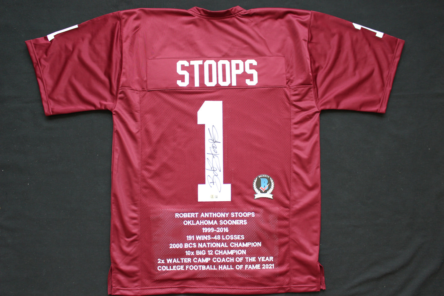 BOB STOOPS OKLAHOMA OU SOONERS SIGNED STATS JERSEY Iowa BAS COA