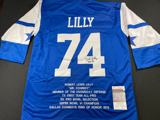 BOB LILLY DALLAS COWBOYS SIGNED SEWN THROWBACK FOOTBALL STAT JERSEY JSA