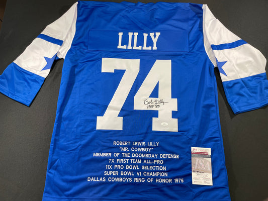 BOB LILLY DALLAS COWBOYS SIGNED SEWN THROWBACK FOOTBALL STAT JERSEY JSA