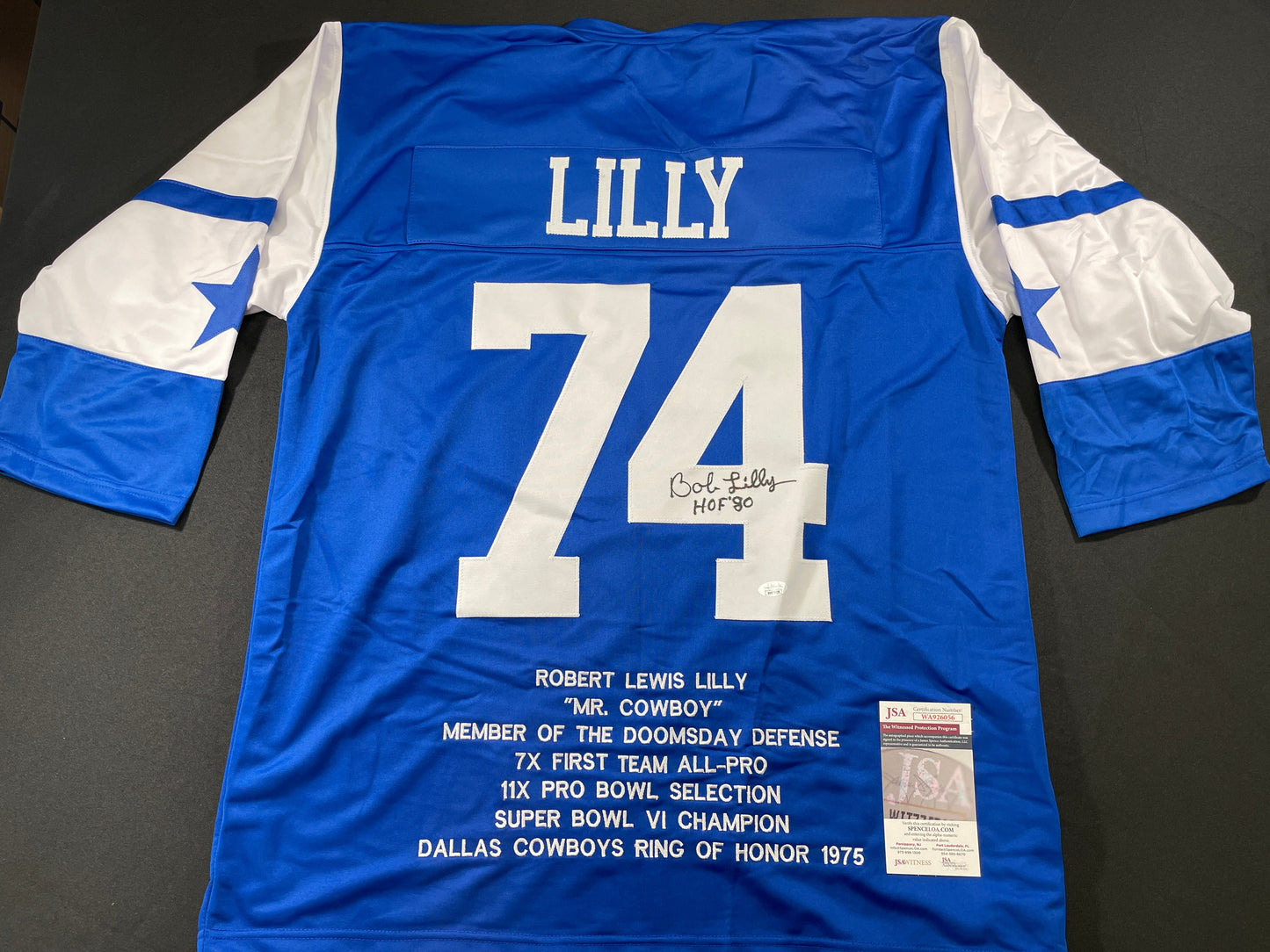 BOB LILLY DALLAS COWBOYS SIGNED SEWN THROWBACK FOOTBALL STAT JERSEY JSA