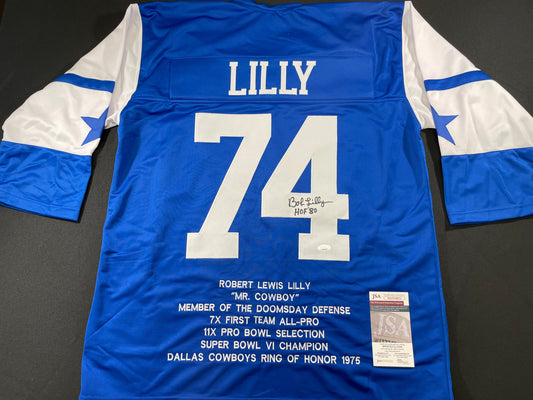 BOB LILLY DALLAS COWBOYS SIGNED SEWN THROWBACK FOOTBALL STAT JERSEY JSA